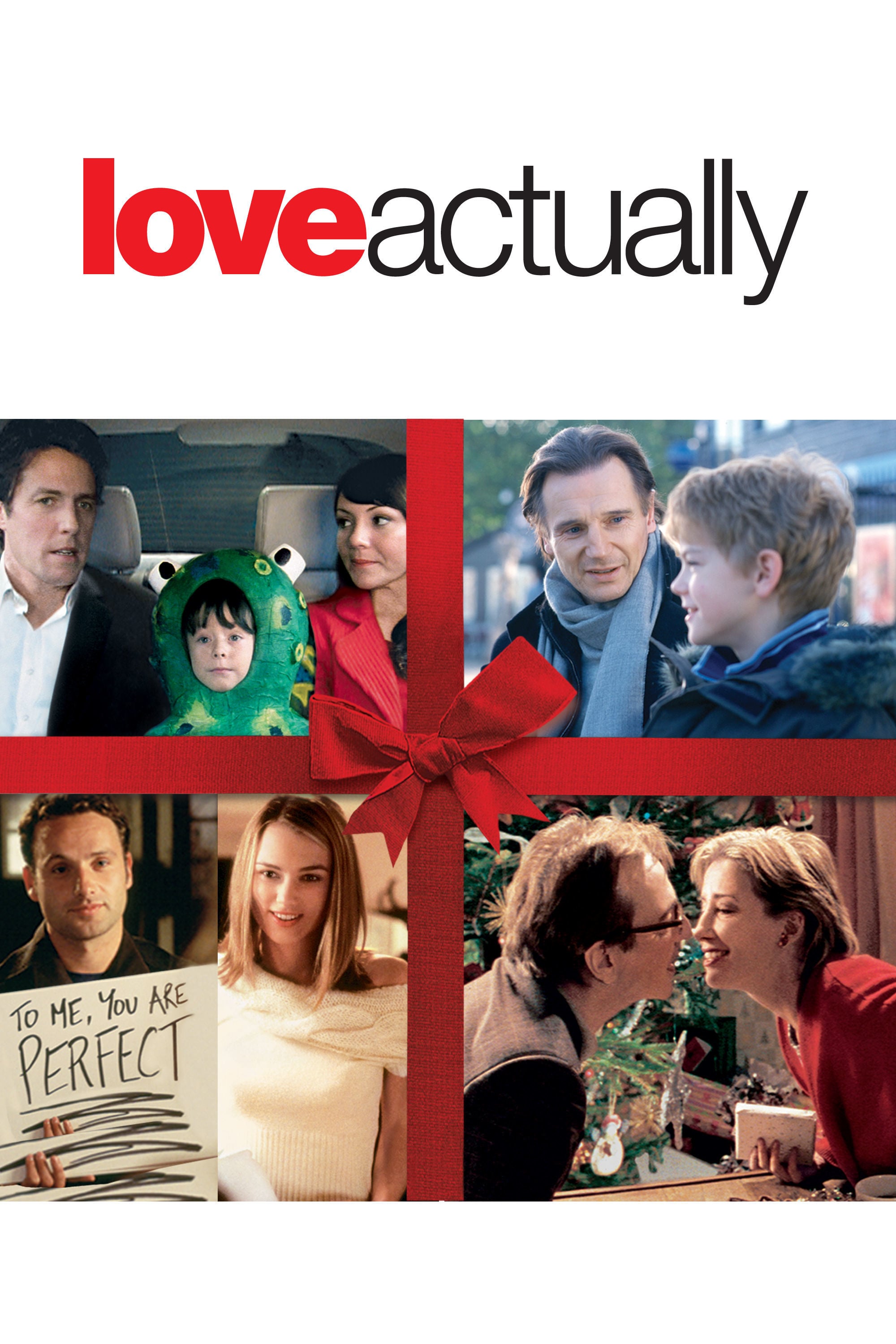 Poster of the movie Love Actually showing four snapshots of the characters and a ribbon separating them as though on a wrapped package.