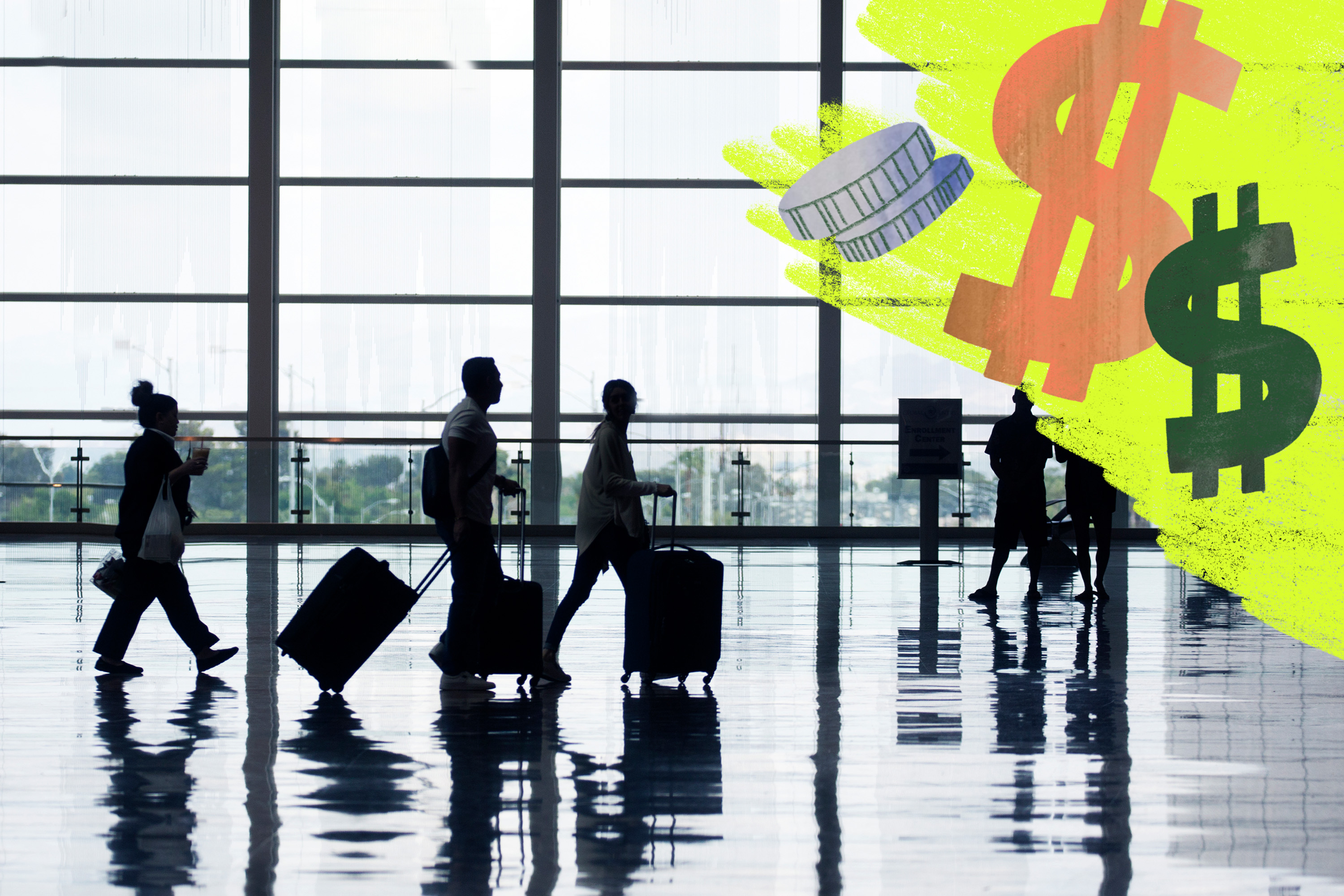 A photo illustration of people in an airport with dollar signs superimposed.