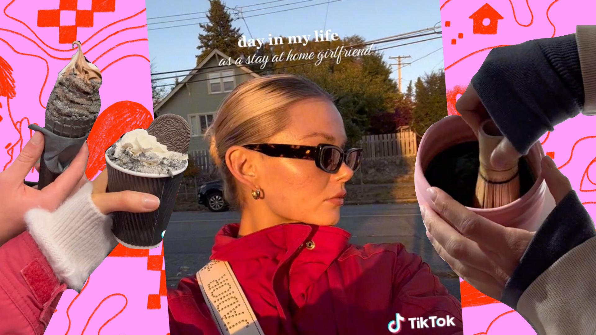 Photo collage of a hand holding a cup, a woman in sunglasses, and a handing whisking tea.