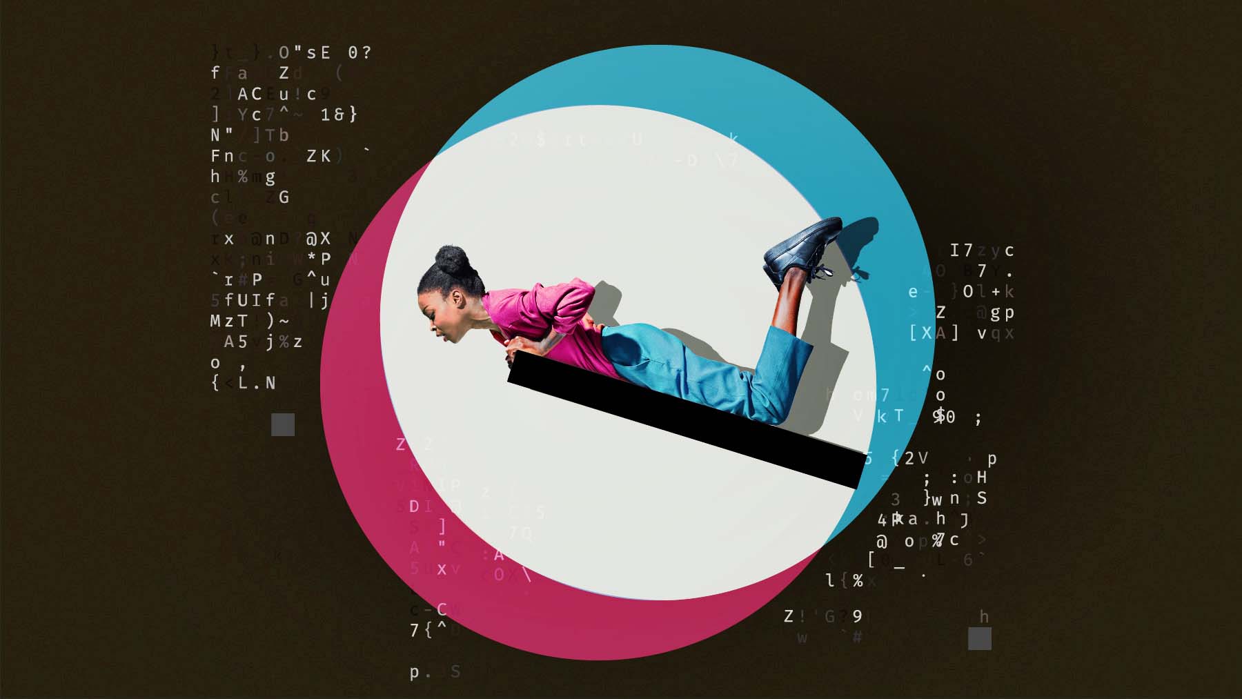 An illustration of a person resting on a rectangular shape tilted at an angle. They are looking down into a space filled with color and binary code.