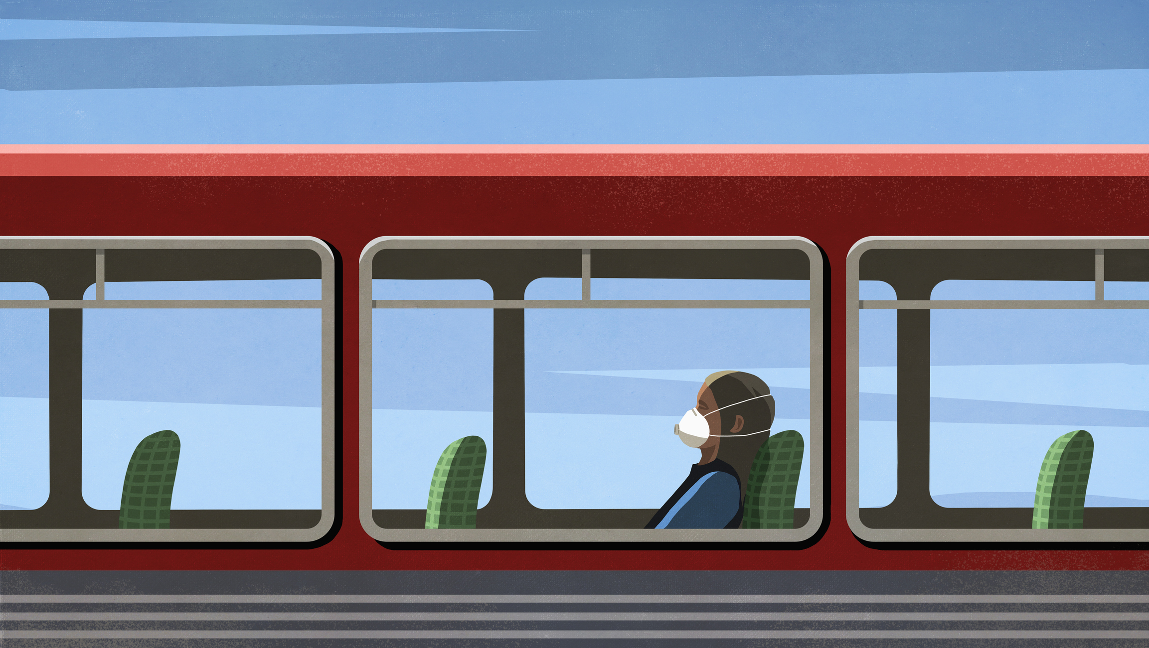 An illustration shows a woman riding on a bus, with empty seats behind and in front of her, wearing a mask.