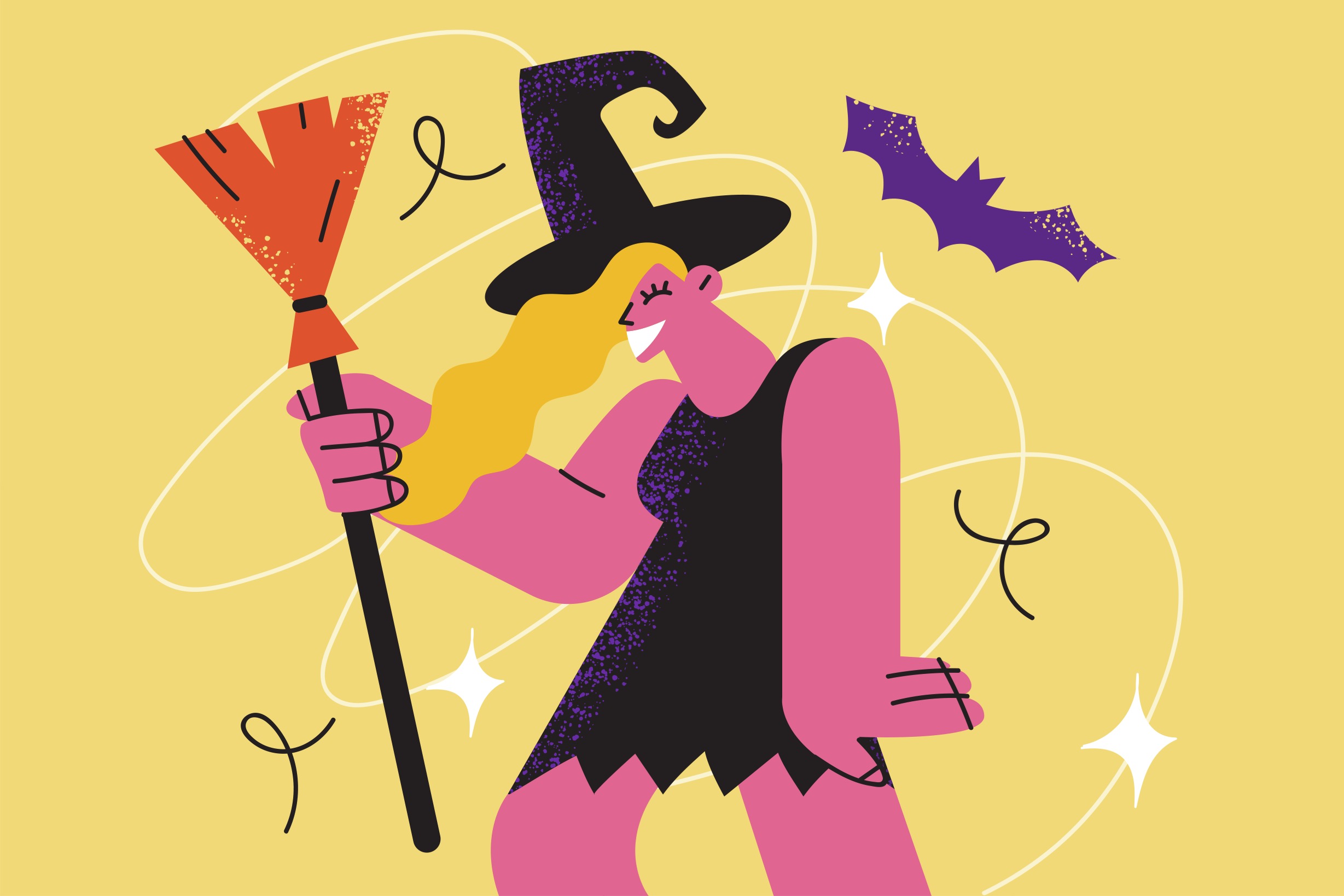 Cartoon of a woman is dressed as a witch for Halloween. She wears a black witch’s hat, a tattered black dress, and holds a broom. A bat flies behind her.