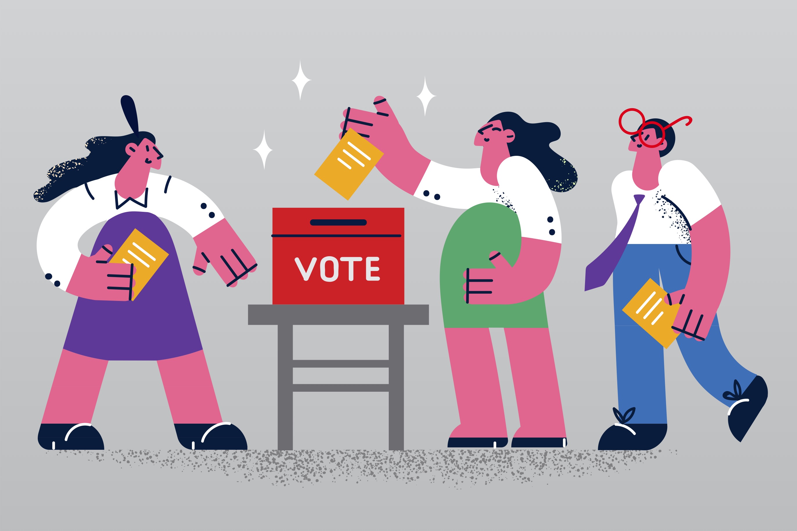 An illustration in bright colors on a gray background, showing three people standing around a ballot box with the word “vote.” Each person holds a ballot. One woman drops her ballot into the box.