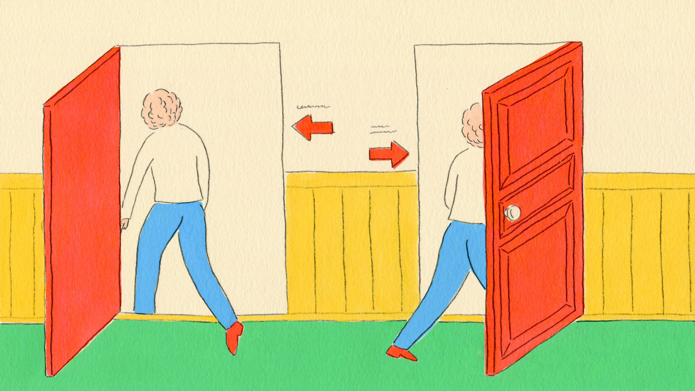 An illustration in bright colors shows two identical people in blue pants and white shirts, walking through two different red doors with arrows next to them. The left door opens to the left, and the right door opens to the right. 