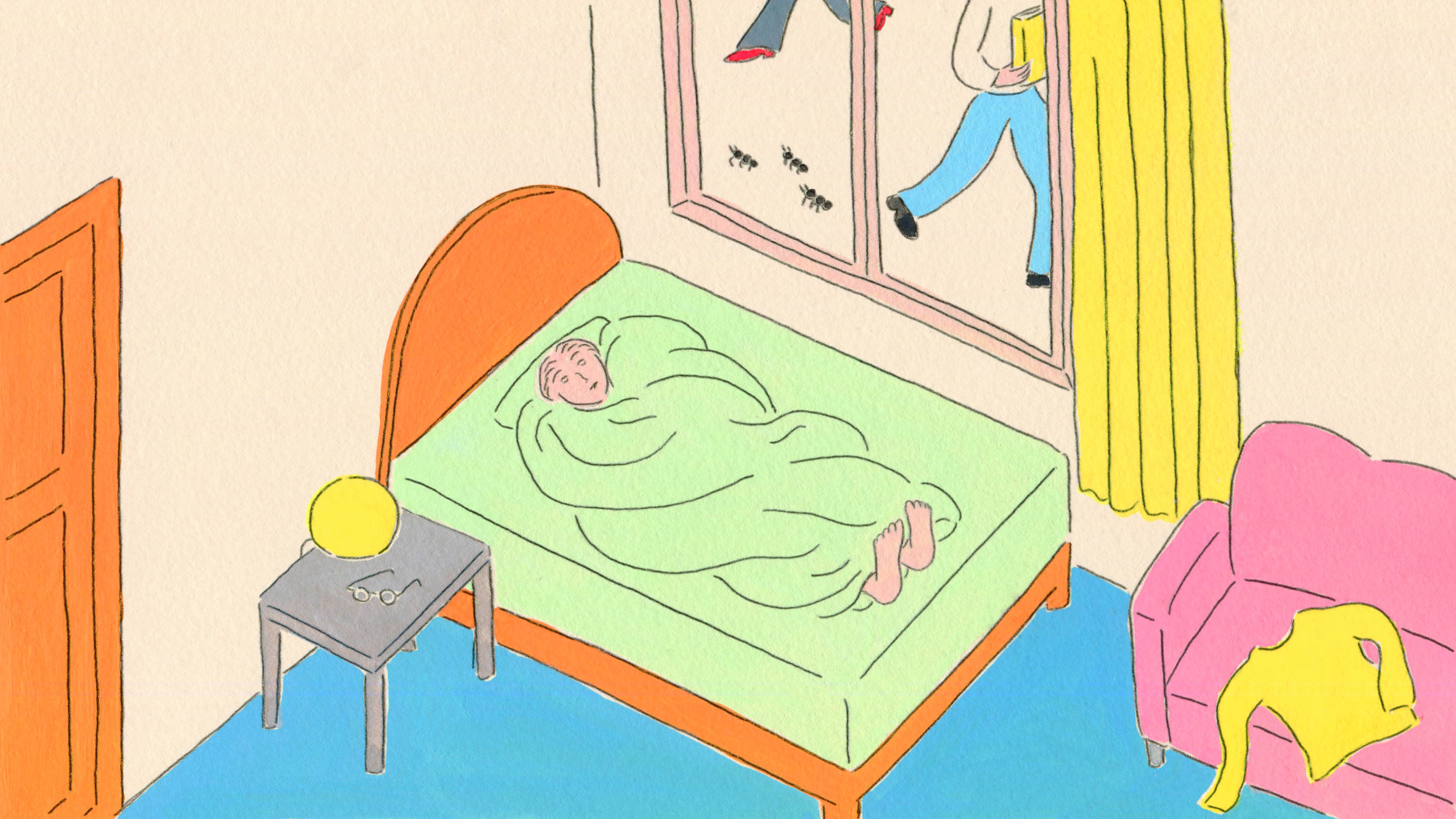 An illustration showing a person in bed, while others run on the street outside their window.