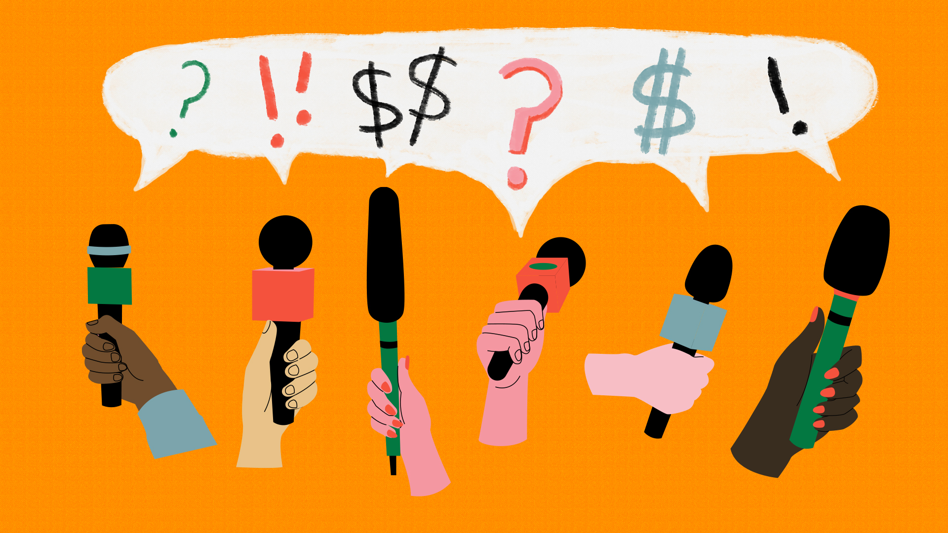 An illustration of a variety of hands holding microphones with question marks floating above them, on an orange background.