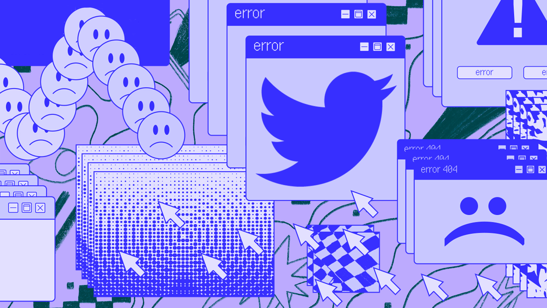 Illustration of the Twitter logo, screens, and frowny emojis.