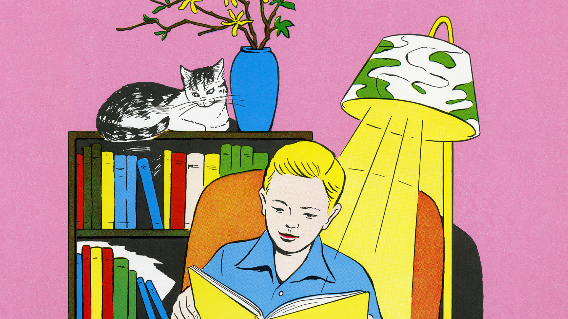 A colorful illustration of a person in a cozy-looking room reading a book by the light of a lamp while a cat lounges on a shelf above, possibly also reading the book.