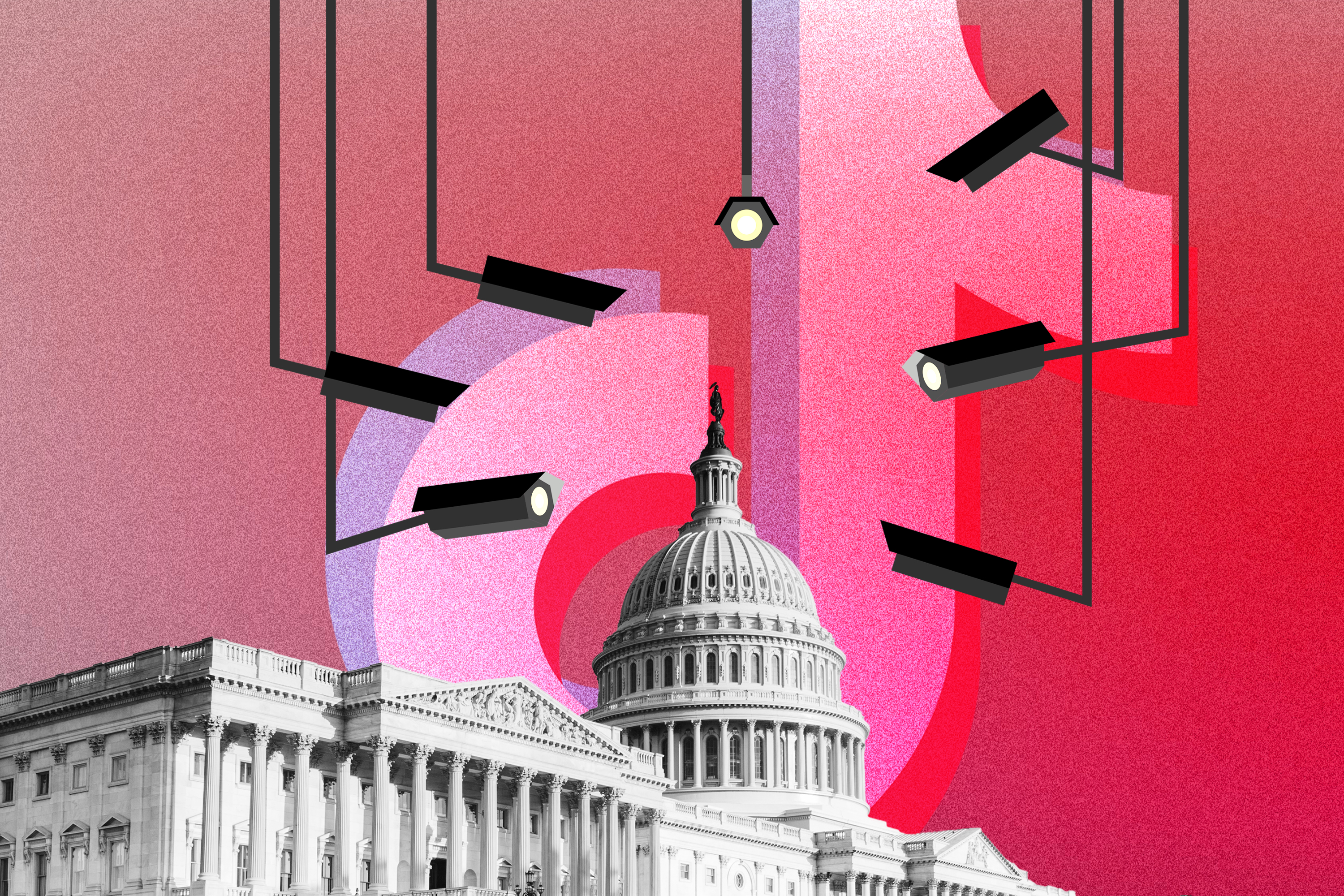 An illustration of the US Senate building surrounded by spy cameras and with the TikTok logo superimposed on it.