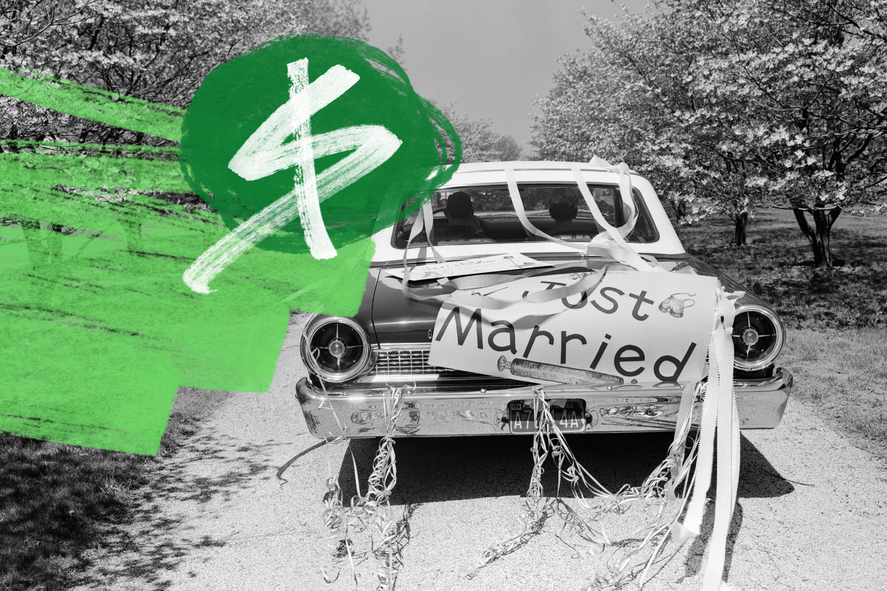 A picture of a car that says “just married” on the back with a dollar sign.